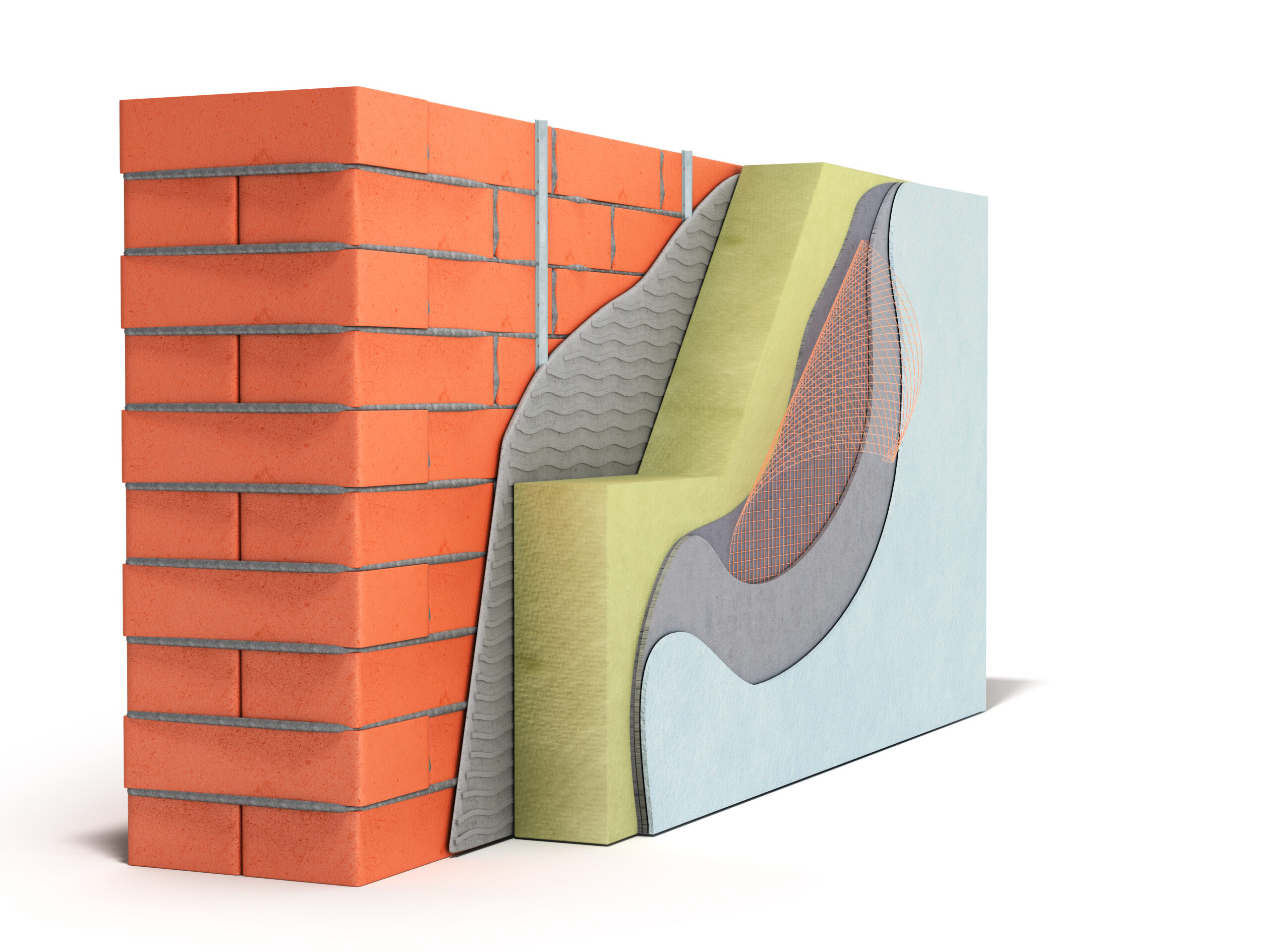 Layered brick wall thermal insulation concept 3d render on white